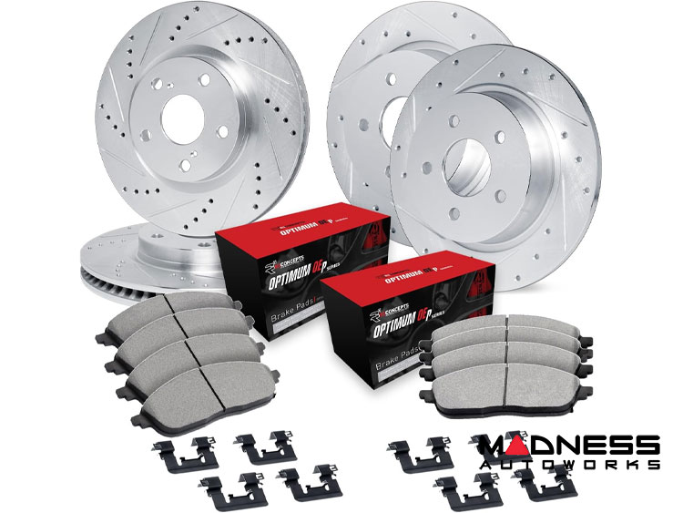 Jeep Renegade Brake Kit - Front + Rear - R1 Concepts - Optimum OEp Brake Pads - eLINE Drilled + Slotted Rotors